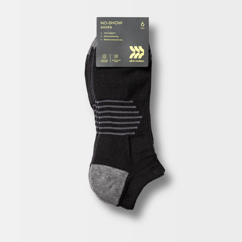 Men's Striped Arch No Show Socks 6pk - All in Motion Black 6-12
