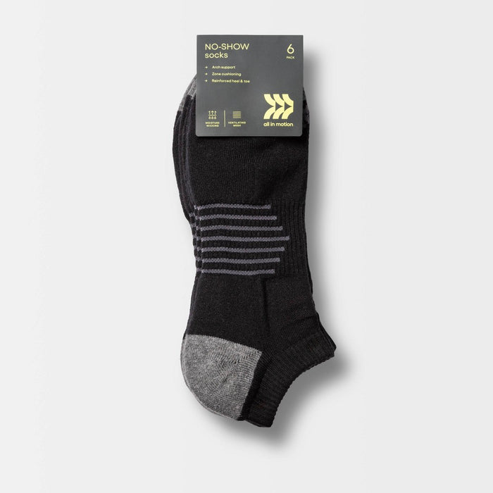 Men's Striped Arch No Show Socks 6pk - All in Motion Black 6-12