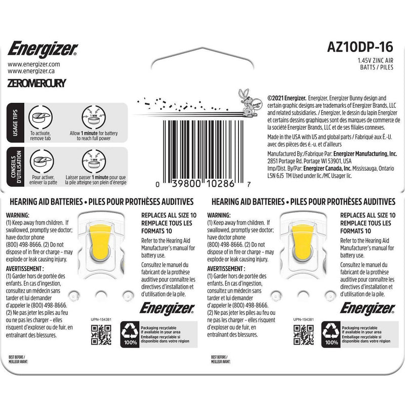 Energizer Size 10 Hearing Aid Batteries - Yellow 10pk