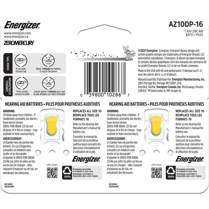 Energizer Size 10 Hearing Aid Batteries - Yellow 10pk