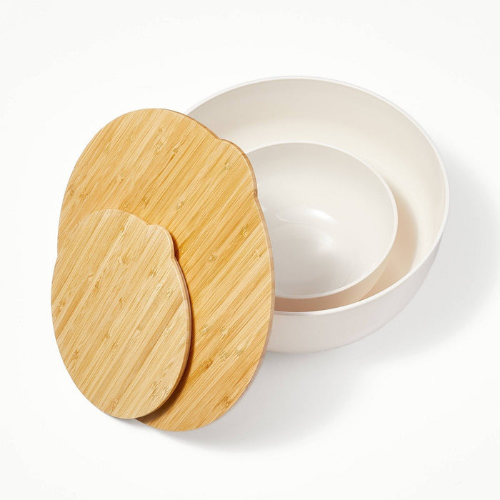 4pc (set of 2) Plastic Mixing Bowl Set with Bamboo Lids Cream - Figmint