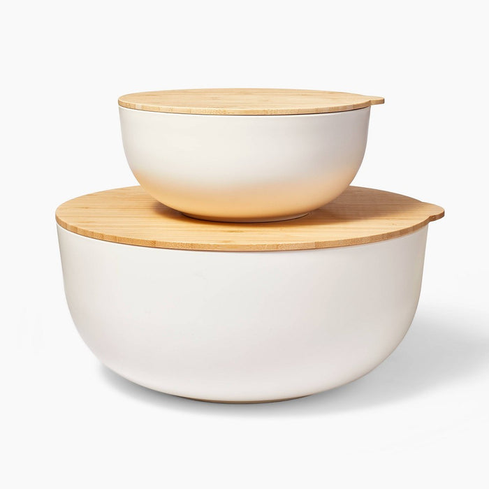 4pc (set of 2) Plastic Mixing Bowl Set with Bamboo Lids Cream - Figmint