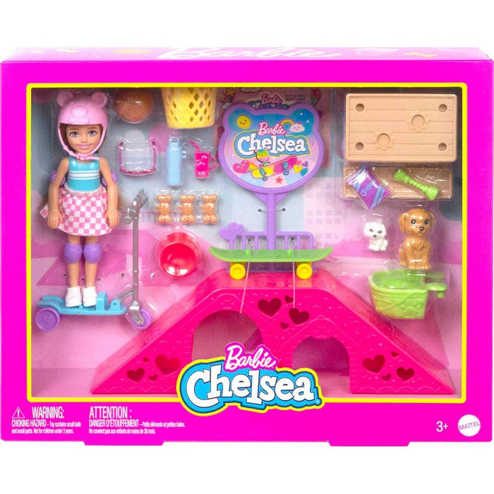 Barbie Chelsea Doll and Accessories Skatepark Playset with 2 Puppies and 15+ pc