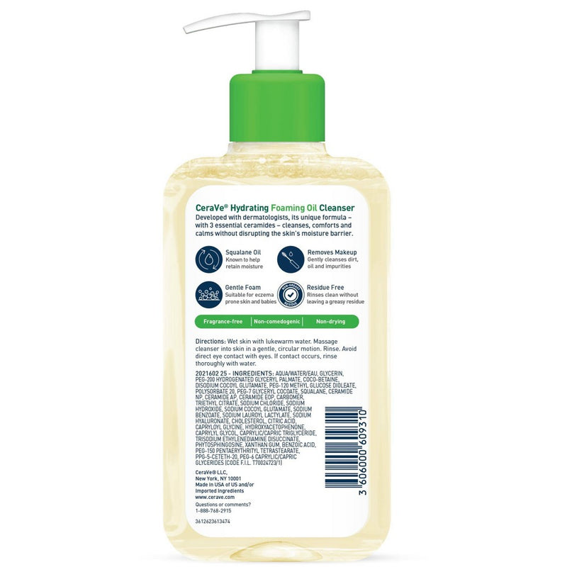 CeraVe Hydrating Foaming Cleansing Oil Face Wash with Squalane Oil, Triglyceride and Hyaluronic Acid For Dry to Very Dry Skin - 8 fl oz