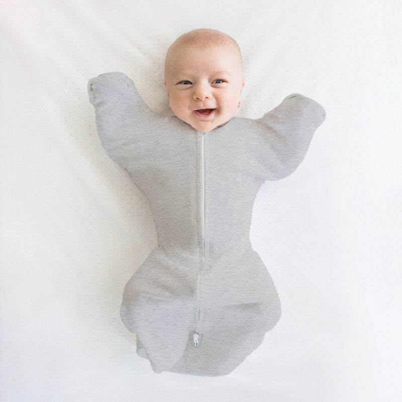 Transitional Swaddle Sack with Arms Up Half-Length Sleeves and Mitten Cuffs Wearable Blanket - Heathered Gray with Stripe Trim 0-3 Months