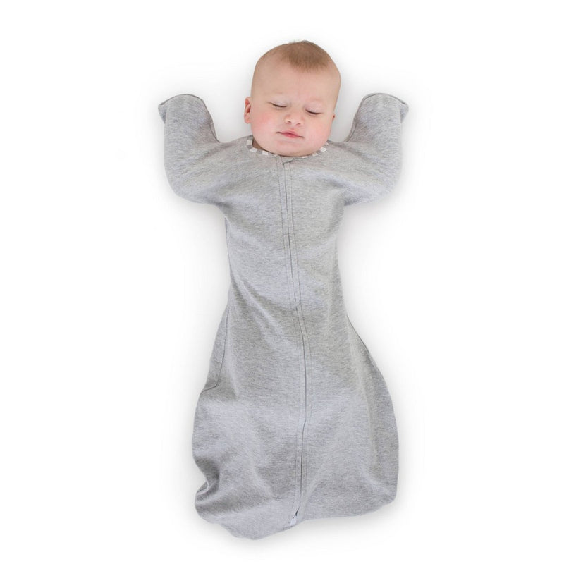Transitional Swaddle Sack with Arms Up Half-Length Sleeves and Mitten Cuffs Wearable Blanket - Heathered Gray with Stripe Trim 0-3 Months