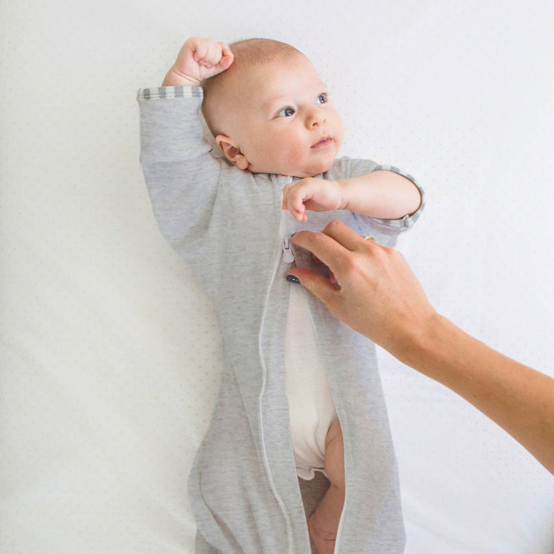 Transitional Swaddle Sack with Arms Up Half-Length Sleeves and Mitten Cuffs Wearable Blanket - Heathered Gray with Stripe Trim 0-3 Months