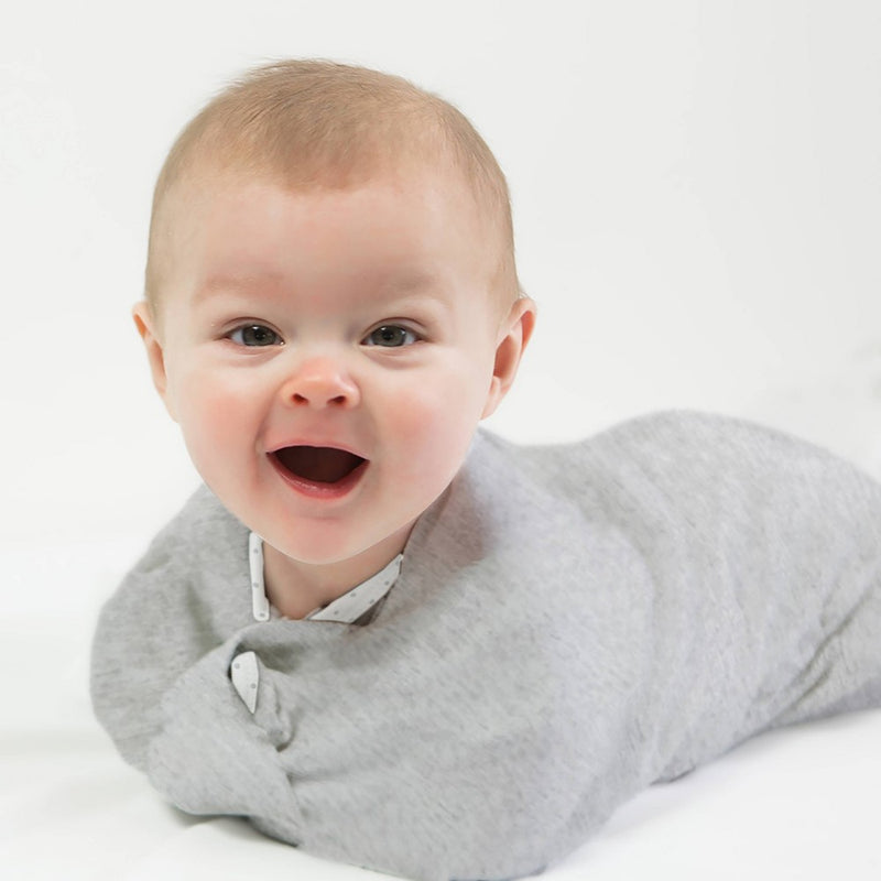 Transitional Swaddle Sack with Arms Up Half-Length Sleeves and Mitten Cuffs Wearable Blanket - Heathered Gray with Stripe Trim 0-3 Months