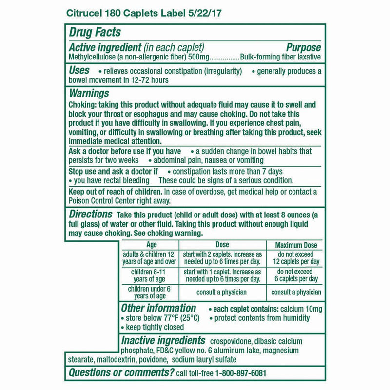 Citrucel Caplets Fiber Therapy for Occasional Constipation Relief - 180ct