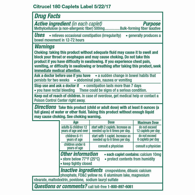 Citrucel Caplets Fiber Therapy for Occasional Constipation Relief - 180ct