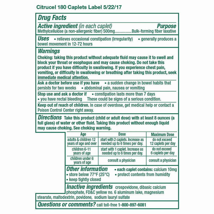 Citrucel Caplets Fiber Therapy for Occasional Constipation Relief - 180ct