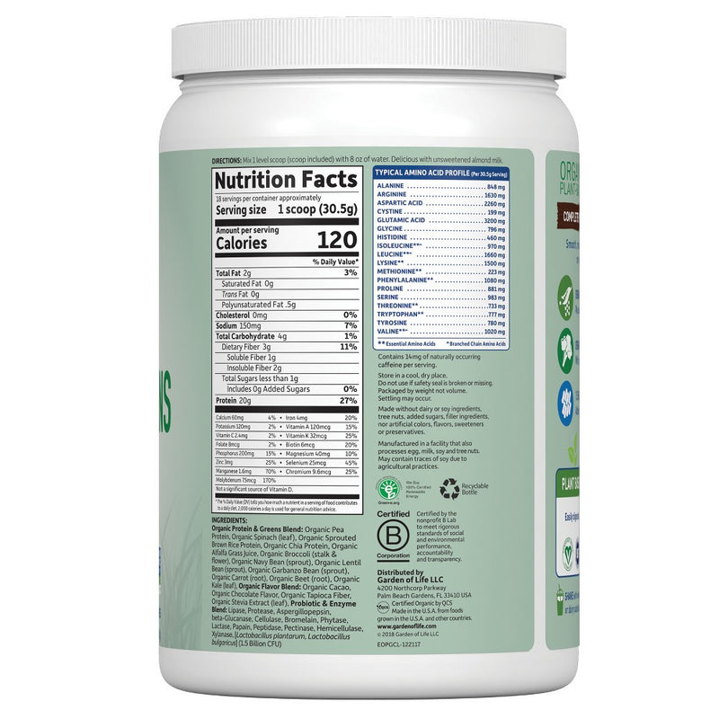 Garden of Life Organic Vegan Protein + Greens Plant Based Shake Mix - Chocolate - 19.4oz