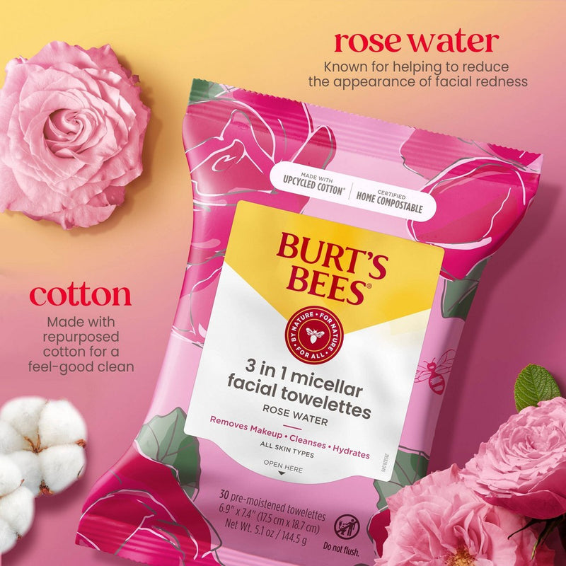 Burt's Bees Facial Cleansing Towelettes Micellar Rose Makeup Removing - Unscented - 30ct