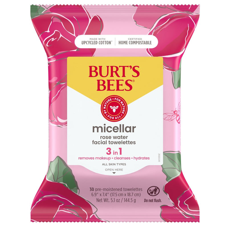 Burt's Bees Facial Cleansing Towelettes Micellar Rose Makeup Removing - Unscented - 30ct