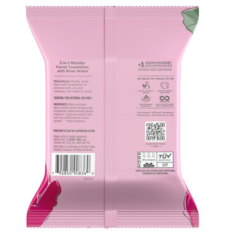 Burt's Bees Facial Cleansing Towelettes Micellar Rose Makeup Removing - Unscented - 30ct