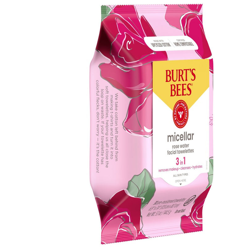Burt's Bees Facial Cleansing Towelettes Micellar Rose Makeup Removing - Unscented - 30ct