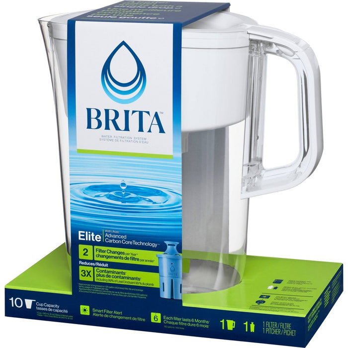 Brita Water Filter 10-Cup Tahoe Water Pitcher Dispenser with Elite Water Filter - White