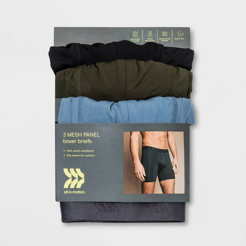Men's Jersey Mesh Performance 3pk Boxer Briefs - All in Motion Black/Olive/Stability Blue M