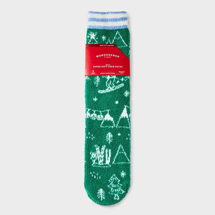 Men's Santa Ski Scene Cozy Crew Socks with Gift Card Holder - Wondershop Green/White 6-12