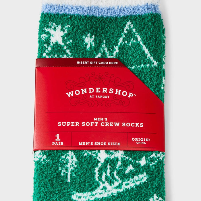 Men's Santa Ski Scene Cozy Crew Socks with Gift Card Holder - Wondershop Green/White 6-12