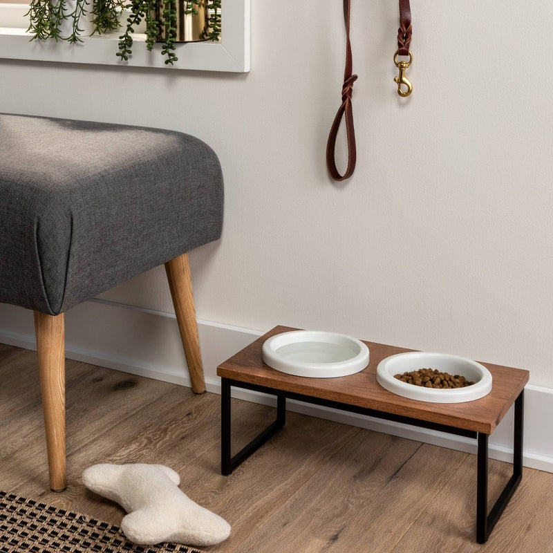 Modern Short Metal Elevated Dog Bowl with Natural Wood Top - Black - Boots & Barkley