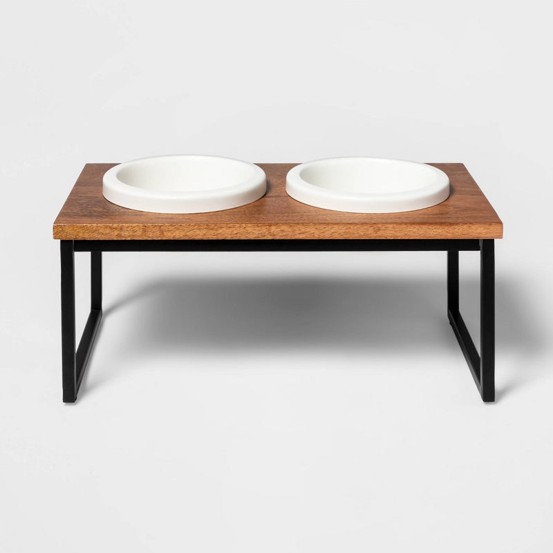 Modern Short Metal Elevated Dog Bowl with Natural Wood Top - Black - Boots & Barkley