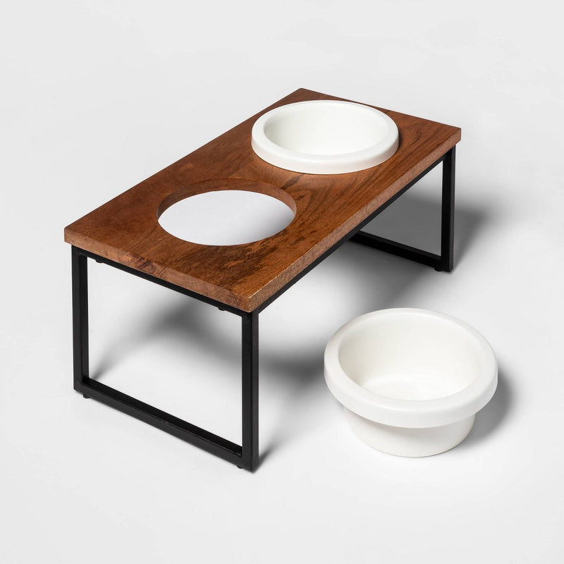 Modern Short Metal Elevated Dog Bowl with Natural Wood Top - Black - Boots & Barkley