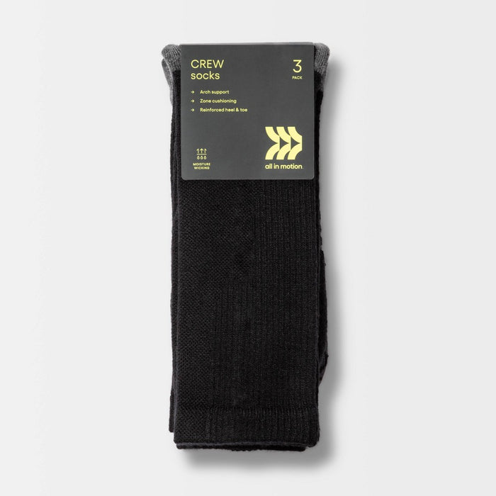 Men's Striped Arch Crew Socks 3pk - All in Motion Black 6-12