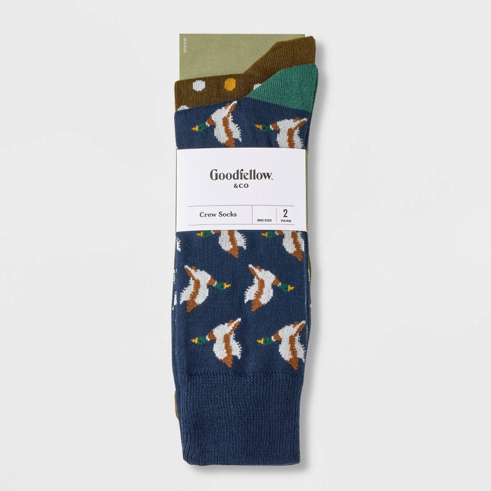 Men's Mallard Novelty Crew Socks 2pk - Goodfellow & Co Navy Blue/Green 7-12