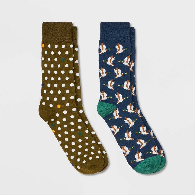 Men's Mallard Novelty Crew Socks 2pk - Goodfellow & Co Navy Blue/Green 7-12