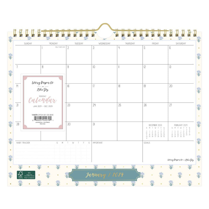 Ivory Paper Co 2024 Wall Calendar 11"x8.75" Lyla Blue