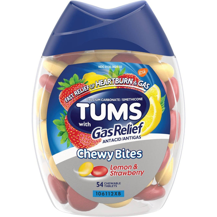 Tums Chewy Bites with Gas Relief Extra Strength Chewable Antacid for Heartburn - Lemon & Strawberry - 54ct
