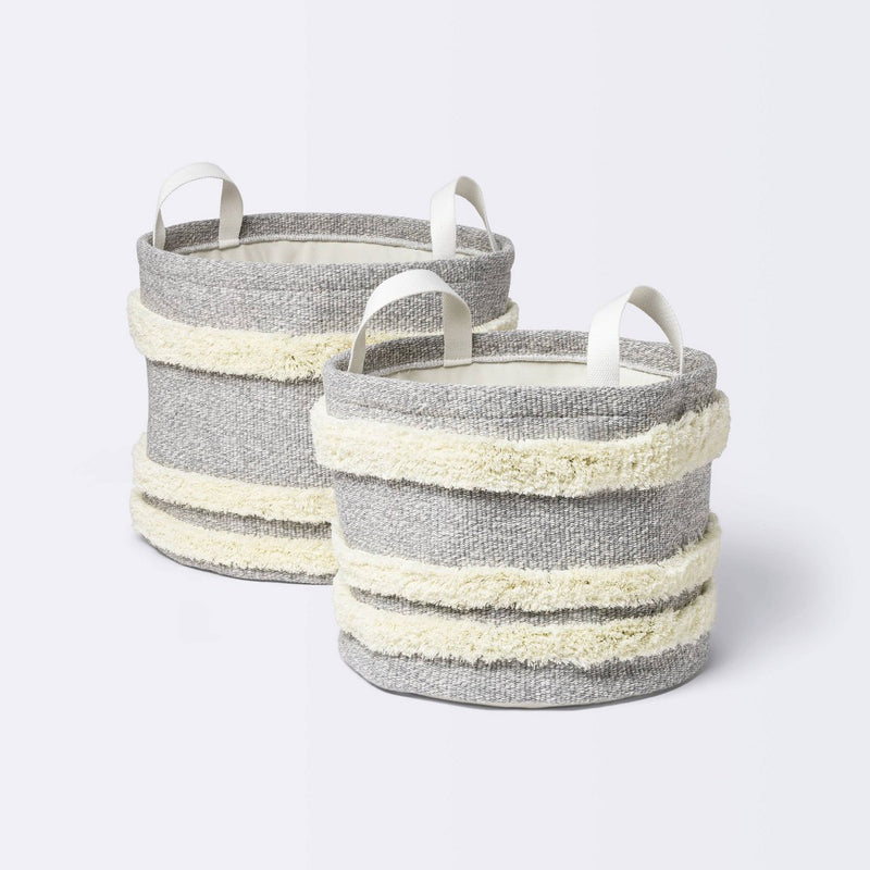 Tufted Canvas Round Storage Bin - Cloud Island Gray/Cream Large
