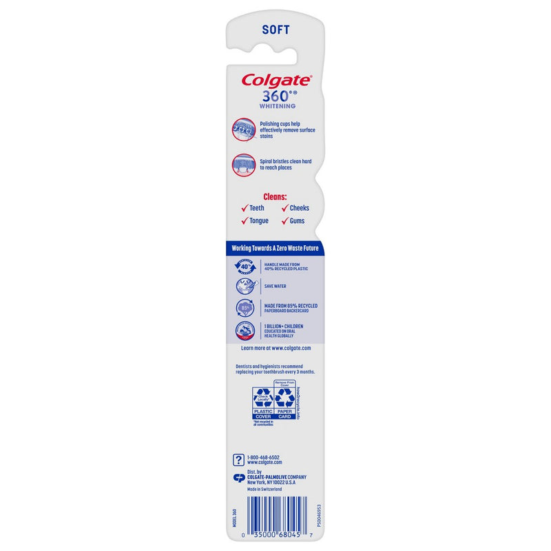 Colgate 360 Optic White Whitening Soft Toothbrush with Tongue and Cheek Cleaner - Soft