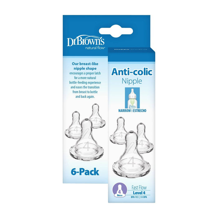 Dr. Brown's Narrow Baby Bottle Nipples - Level 4 - Fast Flow - 9 Months+ - 6pk