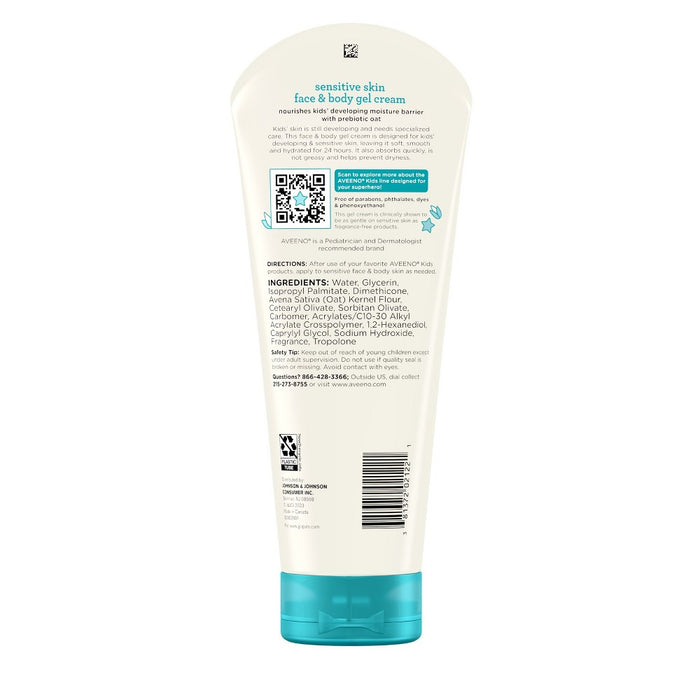 Aveeno Kids Sensitive Skin Face & Body Gel Cream, Clinically Proven 24 Hour Hydration, Lightweight - 8oz