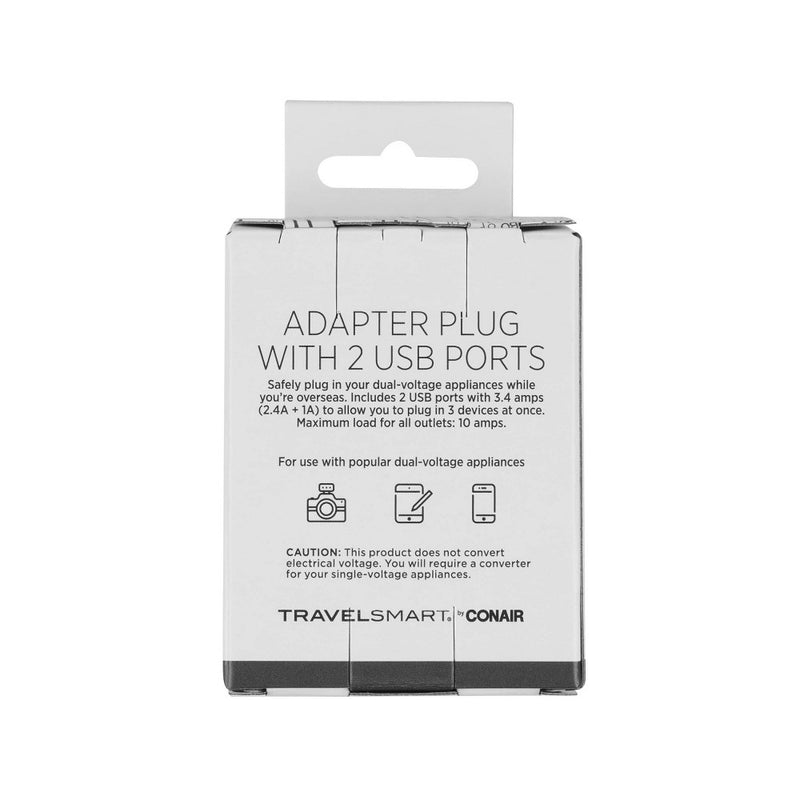 Travel Smart by Conair EU Adapter Plug with Outlet and 2 USB Ports