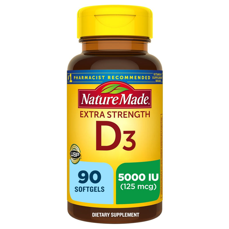 Nature Made Extra Strength Vitamin D3 5000 IU (125 mcg), Bone Health and Immune Support Softgels - 90ct