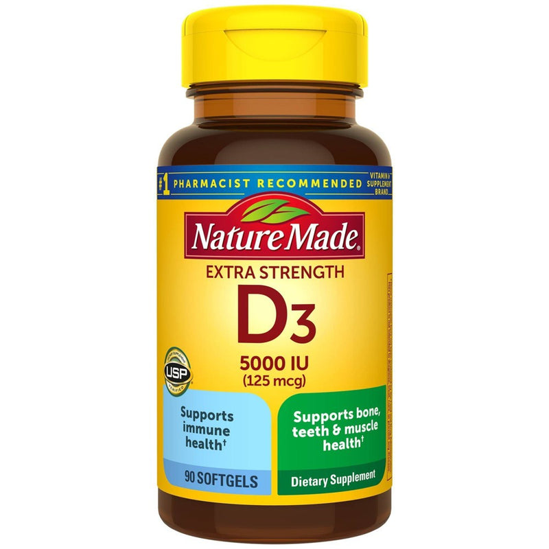 Nature Made Extra Strength Vitamin D3 5000 IU (125 mcg), Bone Health and Immune Support Softgels - 90ct
