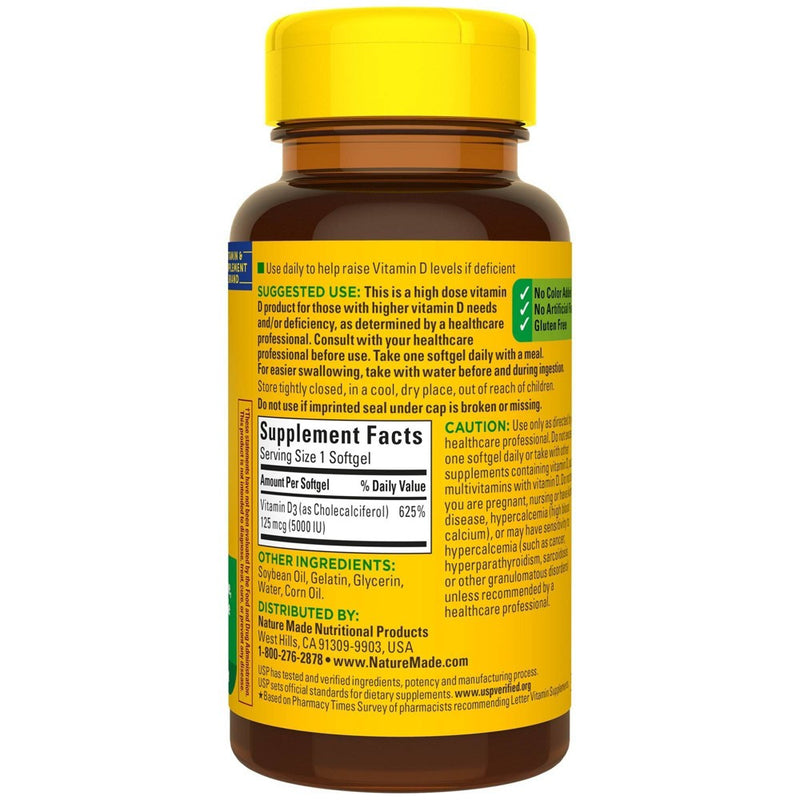 Nature Made Extra Strength Vitamin D3 5000 IU (125 mcg), Bone Health and Immune Support Softgels - 90ct