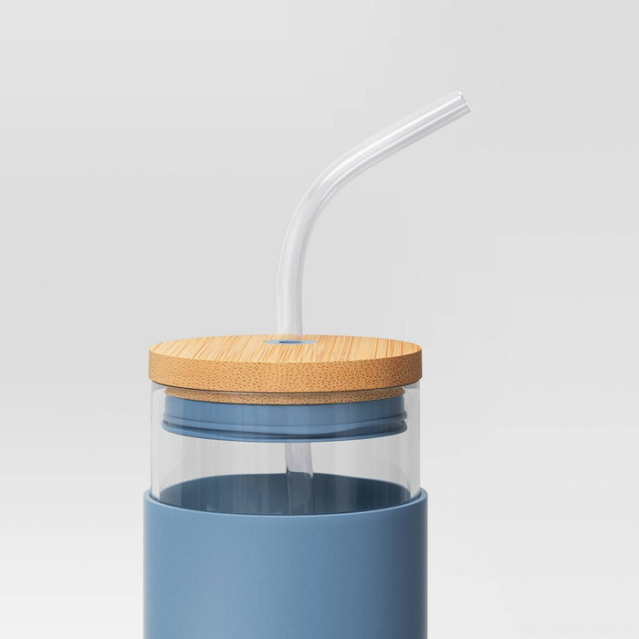 17oz Borosilicate Glass Tumbler with Bamboo Silicone Lid Silicone sleeve