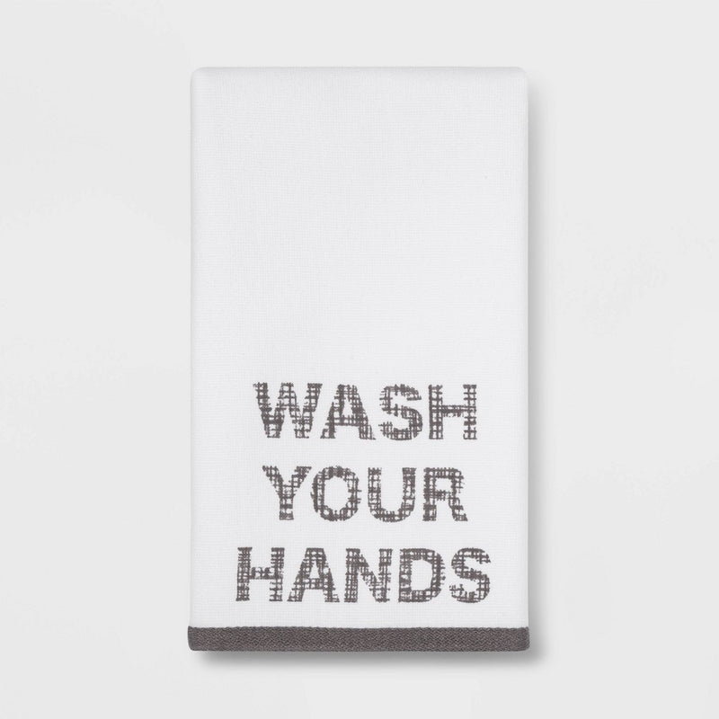 Wash Your Hands Flat Woven Hand Towel White/Gray - Room Essentials