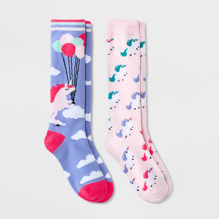 Girls' 2pk Knee High Unicorn Socks - Cat & Jack Blue S
