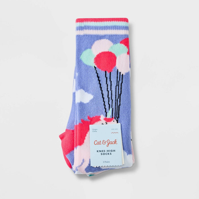 Girls' 2pk Knee High Unicorn Socks - Cat & Jack Blue S
