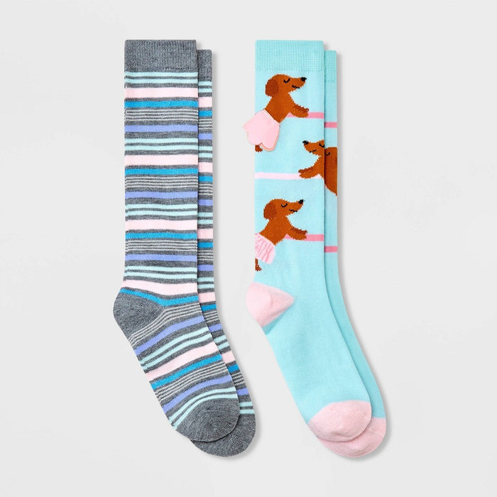 Girls' 2pk Knee High Ballet Socks - Cat & Jack Light Blue S