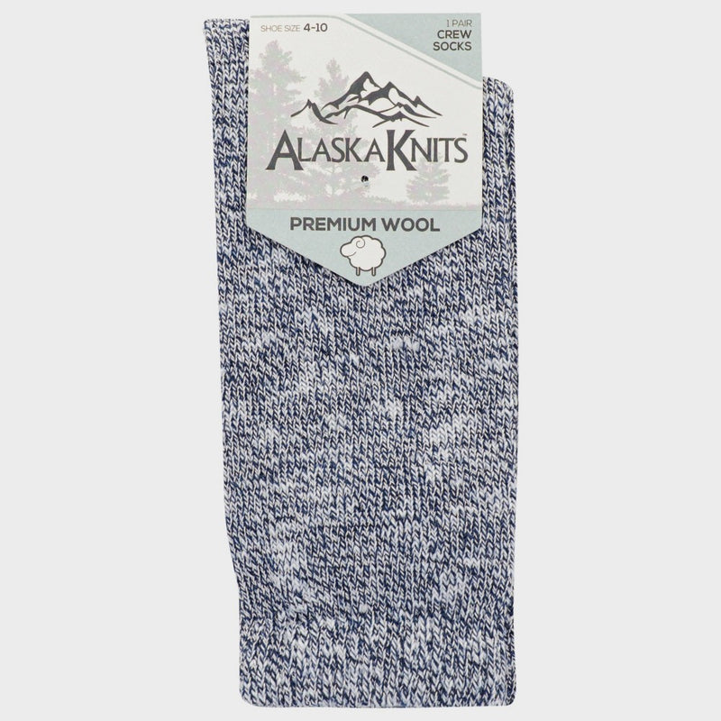 Alaska Knits Women's Lightweight Wool Blend Marled Crew Socks - Blue Denim 4-10