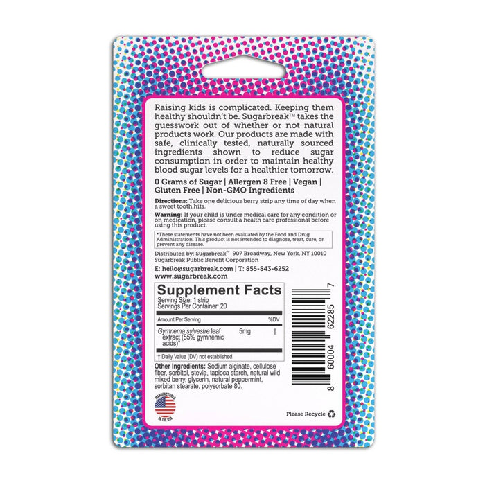 Sugarbreak Resist Kids Vegan Strip to Curb Sugar Cravings - Berry Mint - 20ct