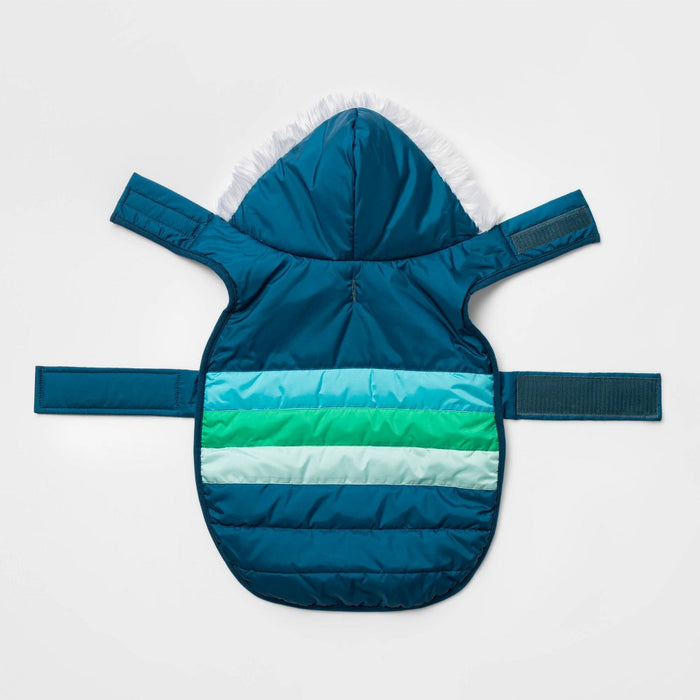 Hooded Stripe Holiday Dog and Cat Puffer Vest - Blue - S - Wondershop