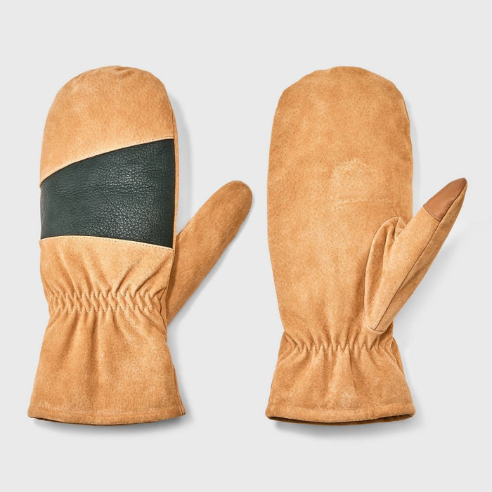 Men's Mixed Leather Dress Pig Suede Mittens - Goodfellow & Co Tan L/XL
