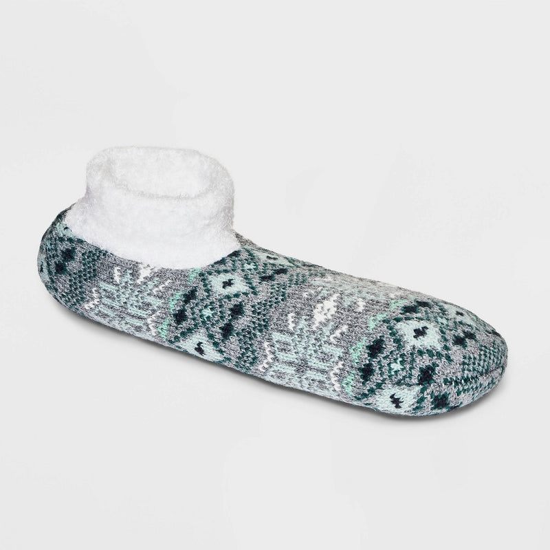 Women's Fair Isle Double Lined Cozy Booties - A New Day Teal Green/Heather Gray 4-10